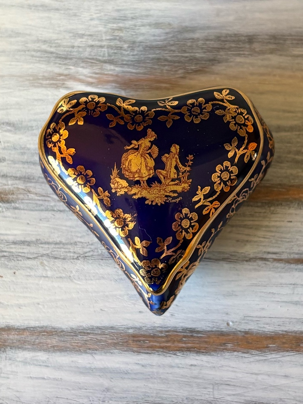 Vintage Limoges France Courting Couple Heart Shaped Cobalt Blue Trinket Box